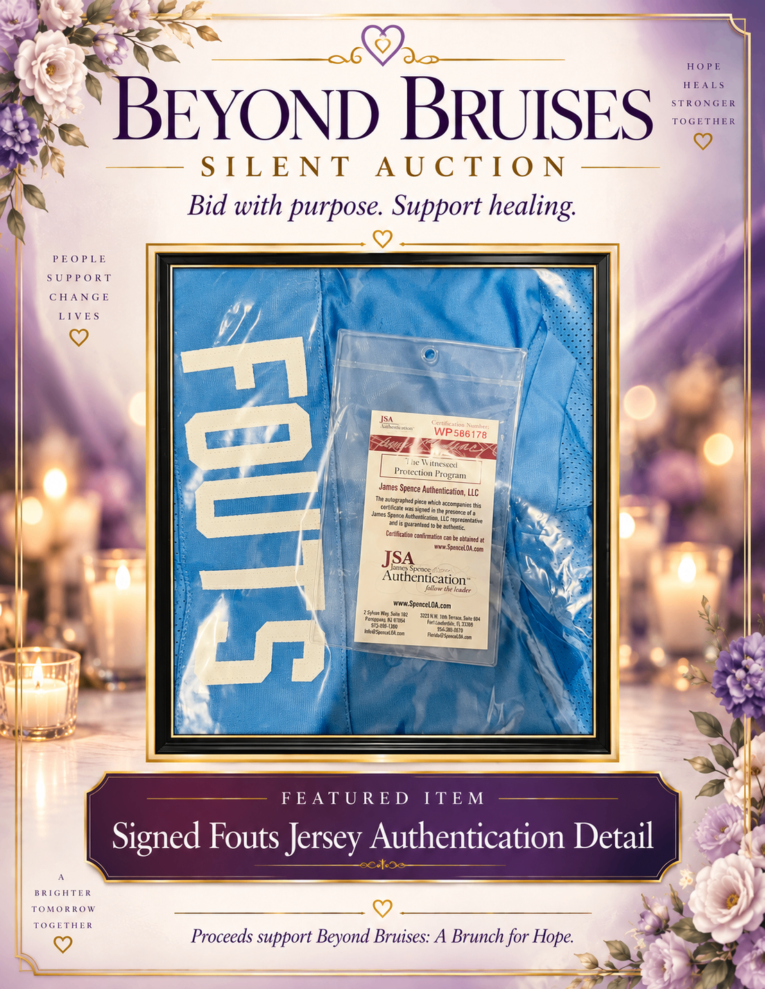 Beyond Bruises silent auction poster — signed Fouts jersey authentication detail