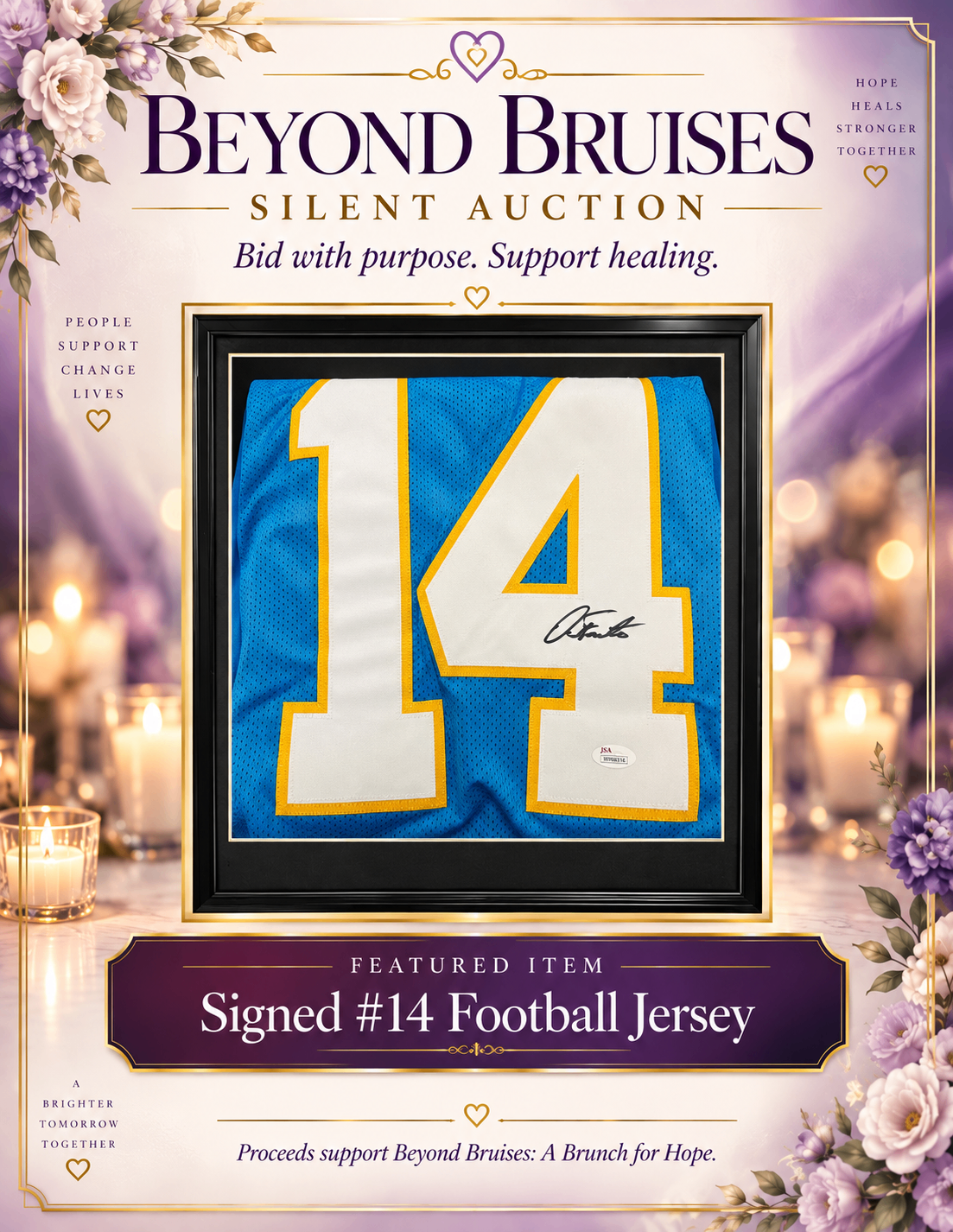 Beyond Bruises silent auction poster — signed #14 football jersey