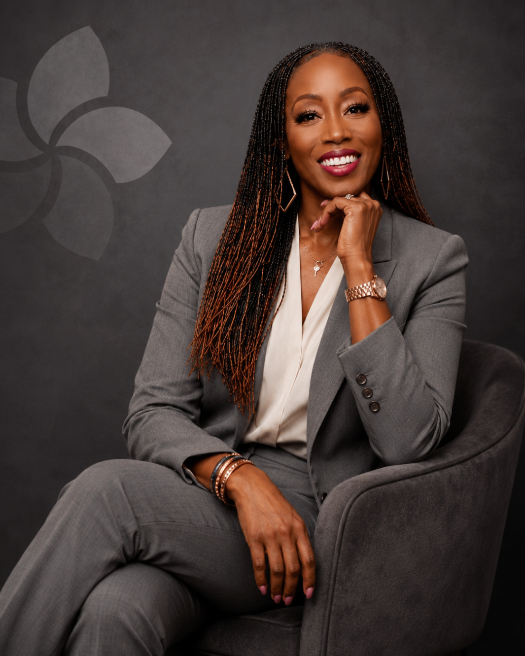 Coach Zykina Stewart seated in a gray suit